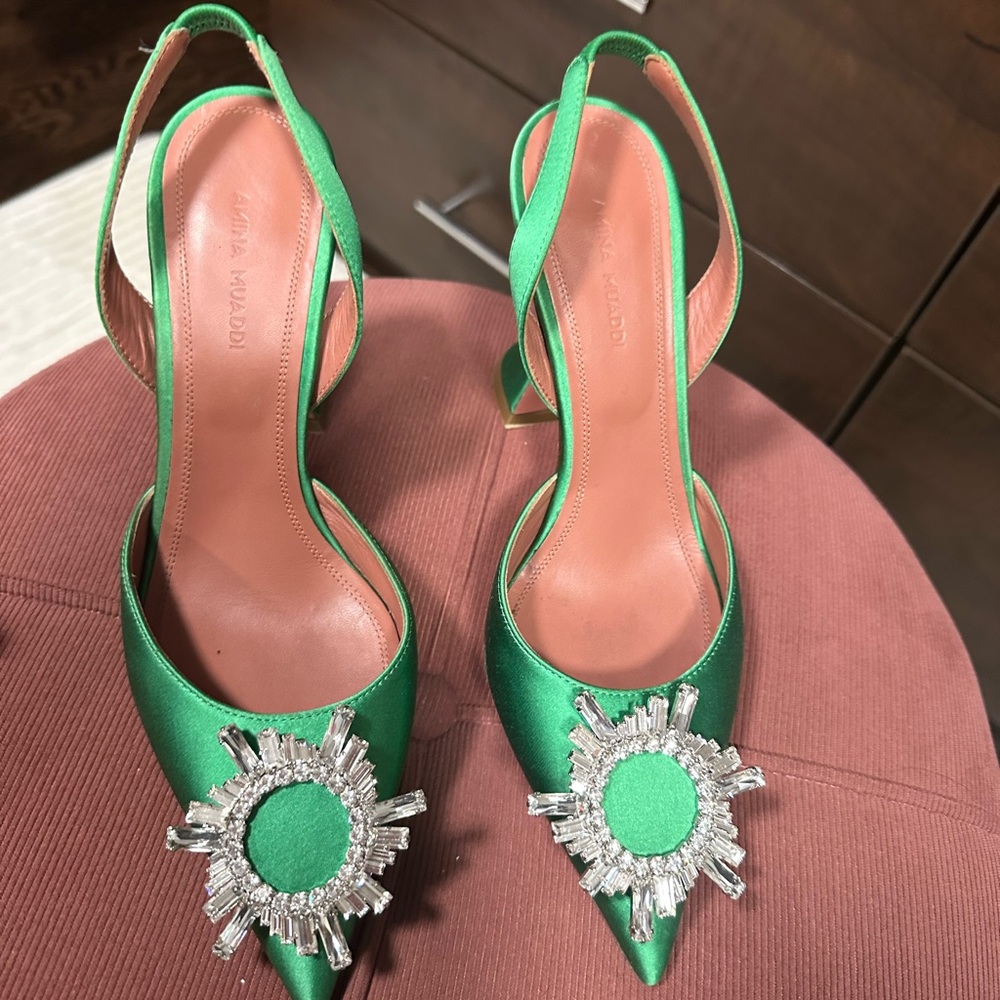 Amina Muaddi Emerald Satin Heels with Crystal Embellishments
